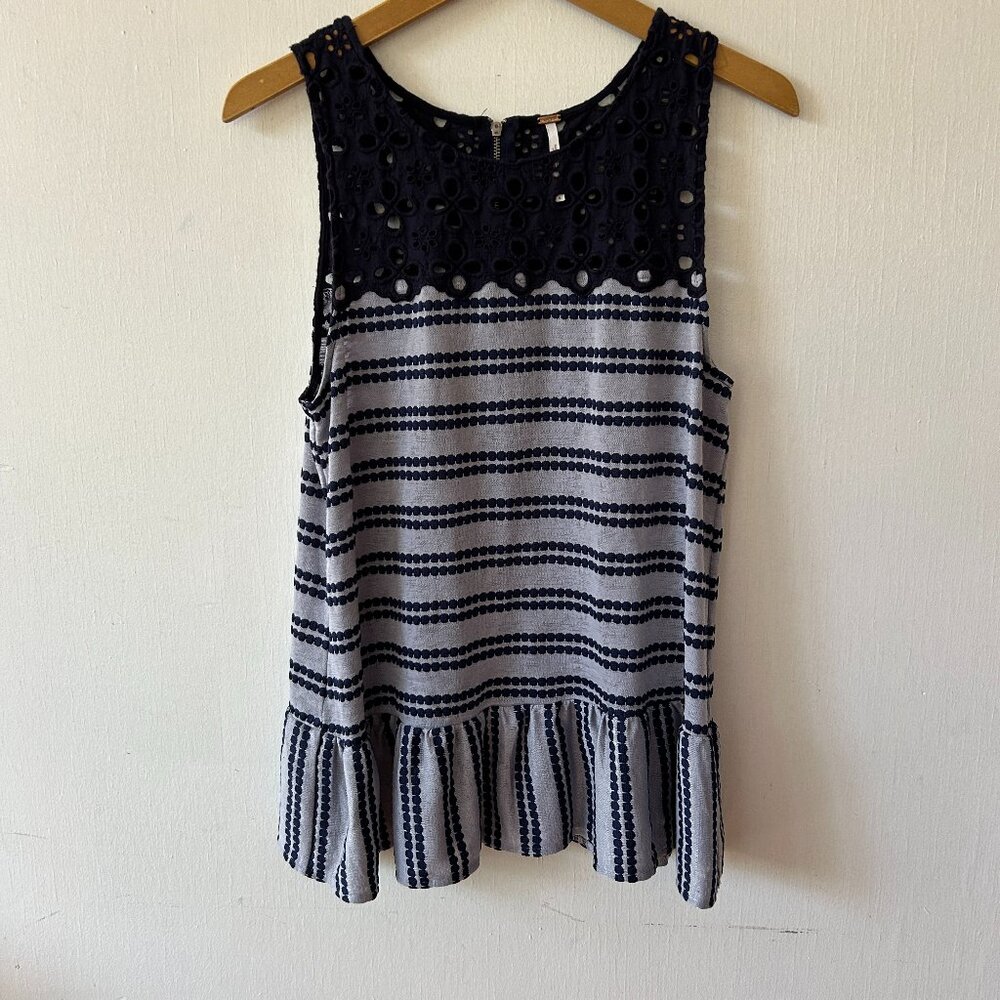 Free People Boho Tank Medium Blue Striped Crochet Cottagecore Fairy Peplum Zip